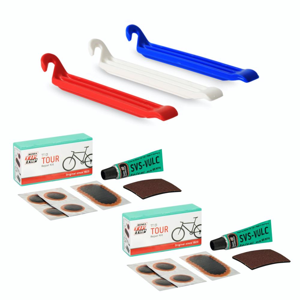 Zefal DP20 Reifenheber (blau, weiß, rot) und 2x Tip-Top TT01 Fahrrad Reparatursets mit Flicken und Vulkanisierer.
