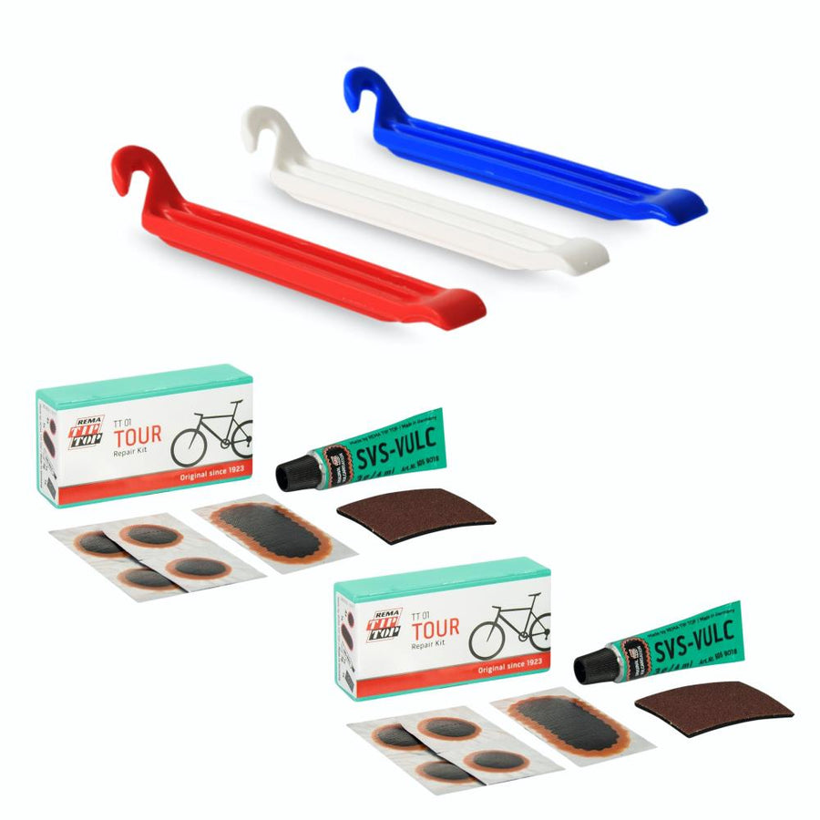 Zefal DP20 Reifenheber (blau, weiß, rot) und 2x Tip-Top TT01 Fahrrad Reparatursets mit Flicken und Vulkanisierer.