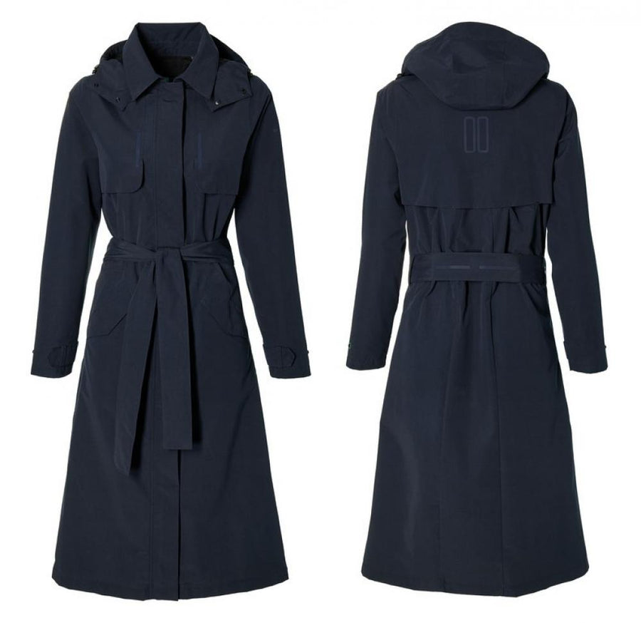 Basil Mosse Damen Fahrrad Regentrenchcoat nachtblau Gr. XL, vorne und hinten abgebildet.