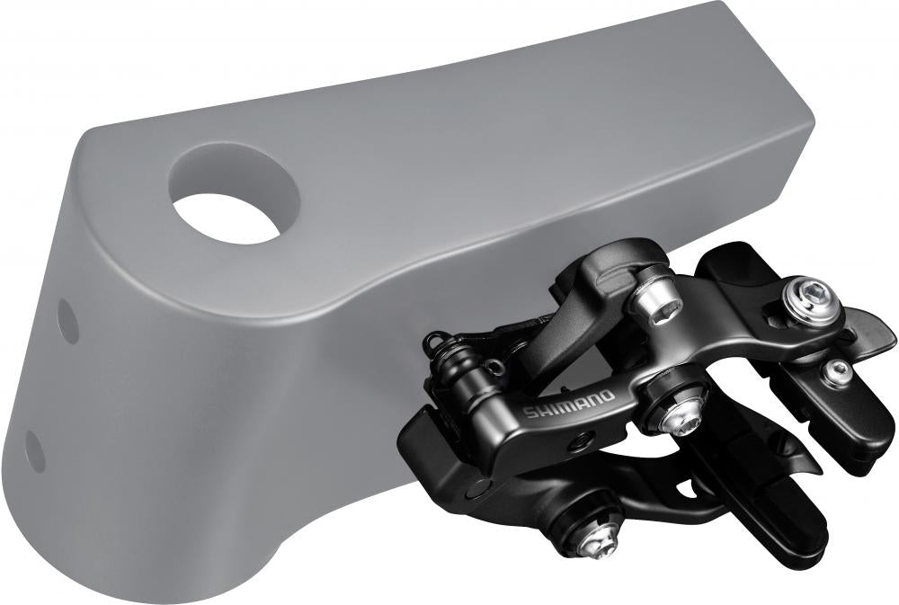 SHIMANO Seitenzugbremse BR-RS811 HR Felgenbremse für Rennrad-Hinterrad, schwarz auf grauem Rahmen.