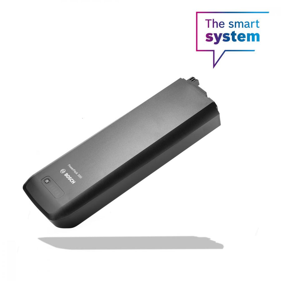 Bosch PowerPack 500 Gepäckträger-Akku-Attrappe in Dunkelgrau mit Smart System Logo.