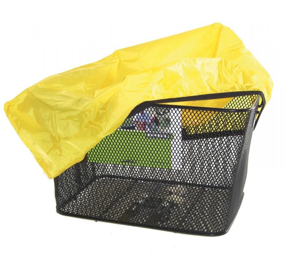 Gelbe Hock Regenschutzhaube 40x30 cm liegt auf einem schwarzen Draht-Fahrradkorb.