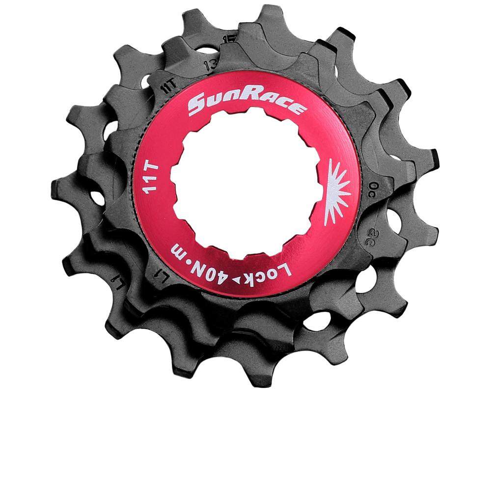 SunRace 11-fach Ersatzteil: schwarze Ritzel (11-13-15) mit rotem Lockring für Fahrrad-Kassette.