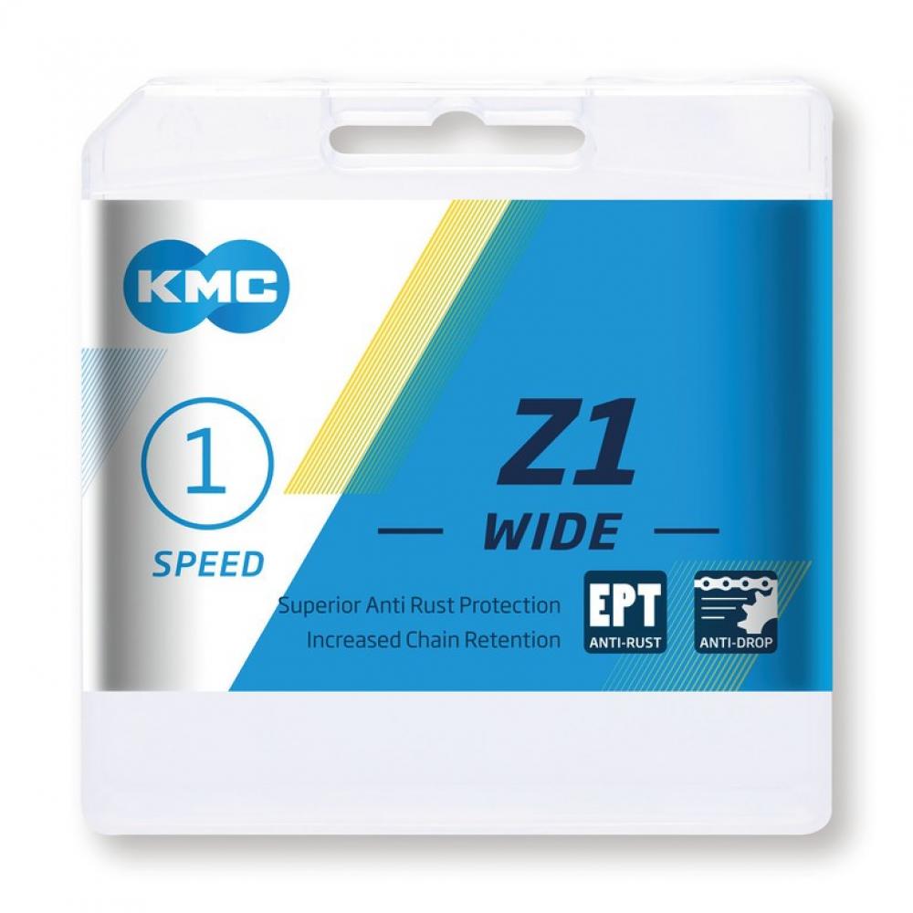 KMC Z1 Wide EPT 1s Singlespeed-Fahrradkette (1/2 x 1/8 Zoll) in Verpackung, rostbeständig und langlebig.