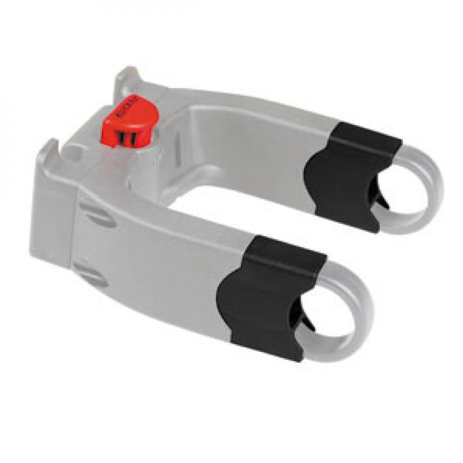 KLICKfix Distanz-Set E 25mm, grauer Adapter mit rotem Knopf und schwarzen Griffen für Fahrradmontage.