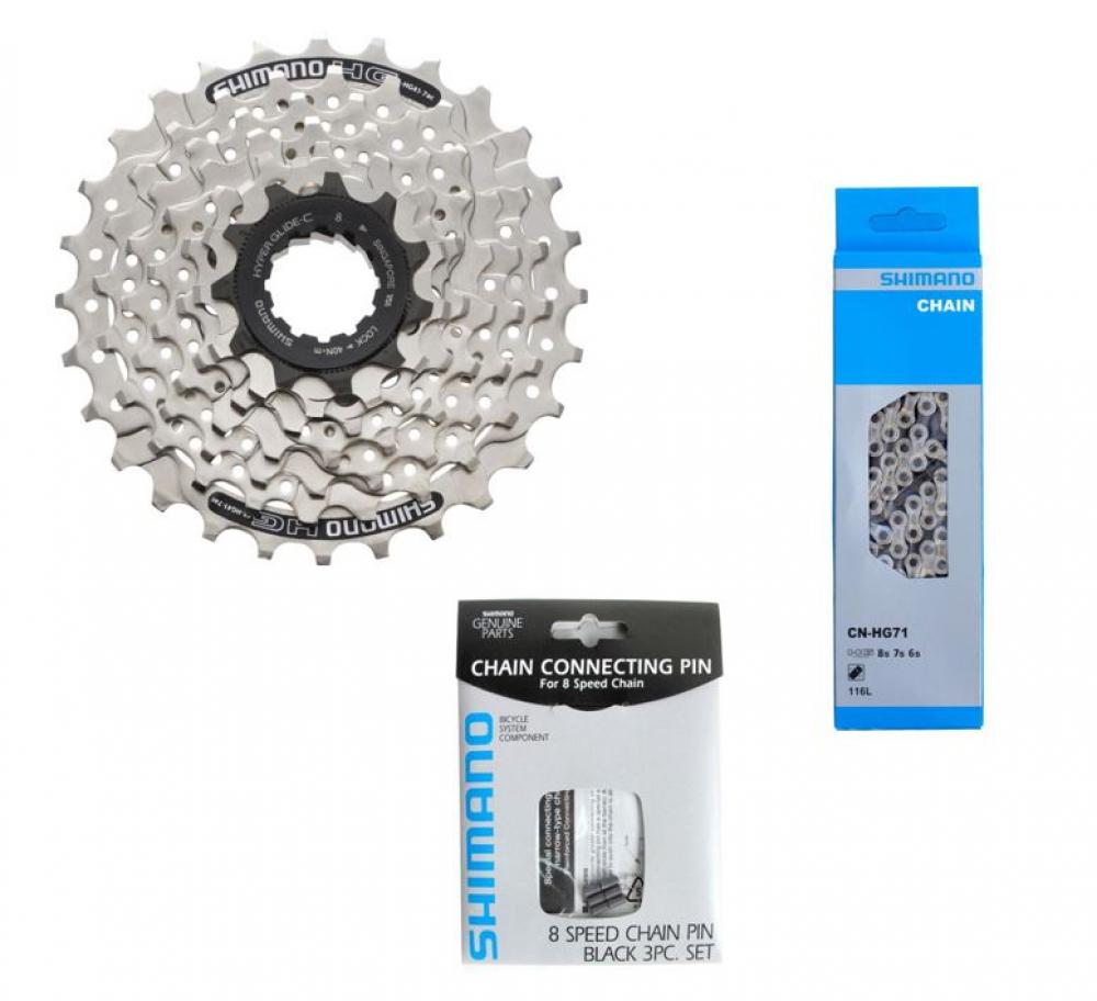 Shimano 7-fach Antriebsset mit CS-HG41 Kassette, CN-HG71 Kette und Kettenpins. 3-teiliges Fahrrad-Set.