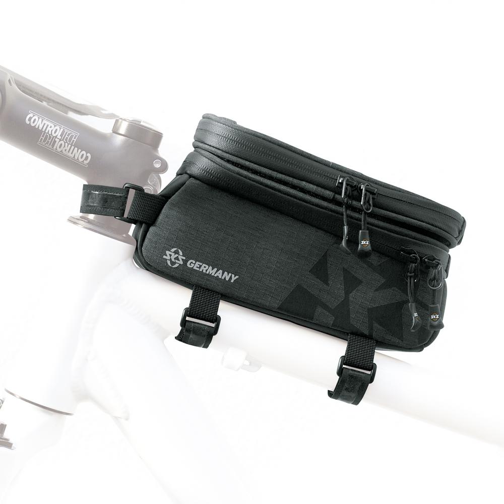 SKS Oberrohrtasche Traveller Smart schwarz - Wasserdichte Rahmentasche mit Touchscreen-kompatiblem Smartphone-Fach, 200x100x11mm, ideal für Trekking- und Rennräder