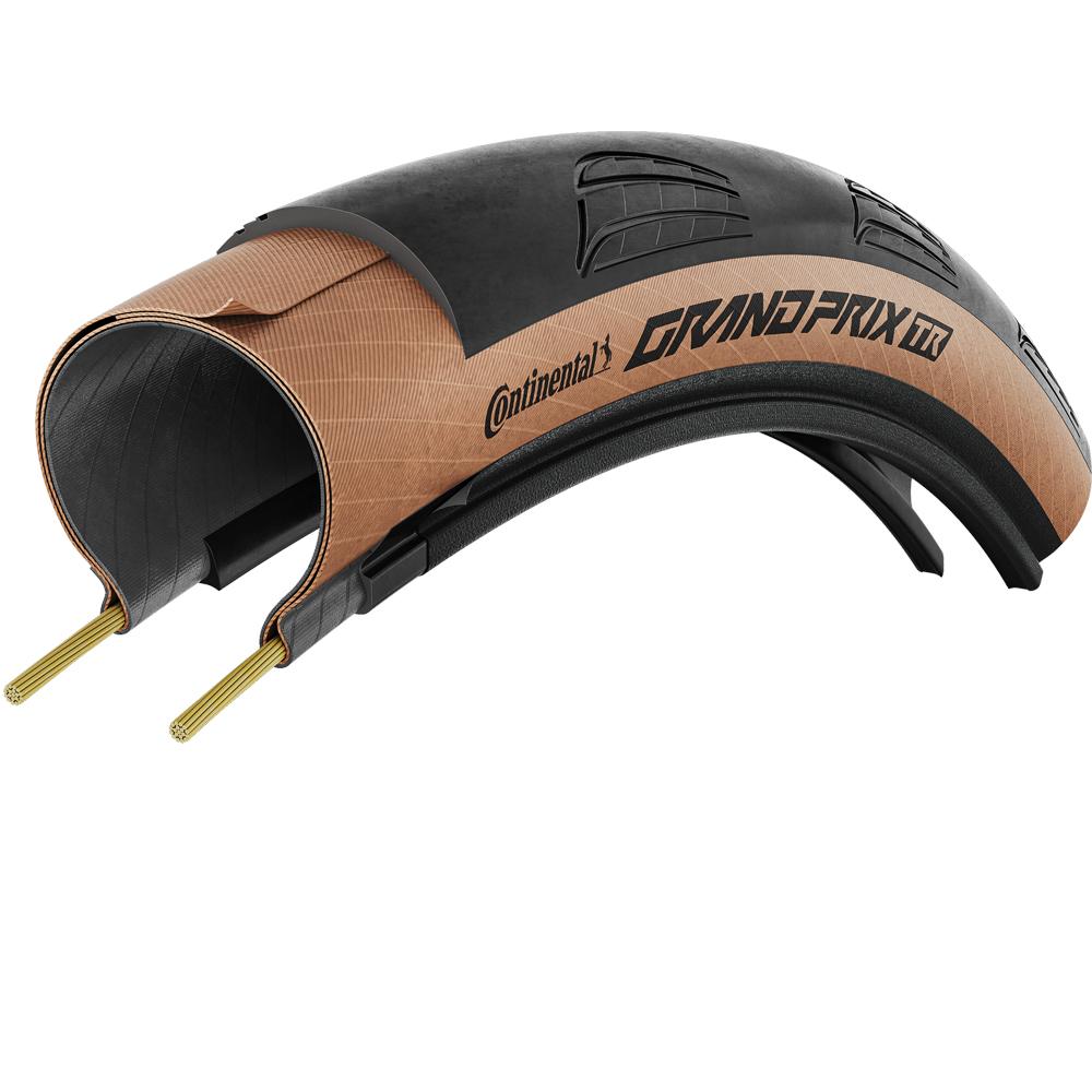 Querschnitt Continental Grand Prix TR 28-622 (700x28C) Tubeless Ready Reifen mit brauner Seitenwand und Pannenschutz.
