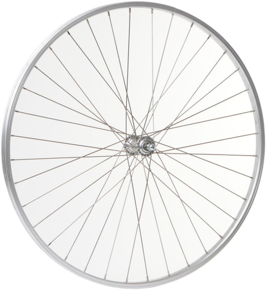 CONTEC Vorderrad "Alu Sport + Quando KT-A16F"nFelge: SCHÜRMANN Alu-Kasten "Alu Sport", 26", 21-559, Höhe: 14 mm, 36 Loch, AV/DV Ventil, mit silberner Bremsflanke, keine Ösen, silber (0.349.220/4)nNabe: QUANDO Vorderradnabe "KT-A16F", 36 Loch, Vollachse, 1