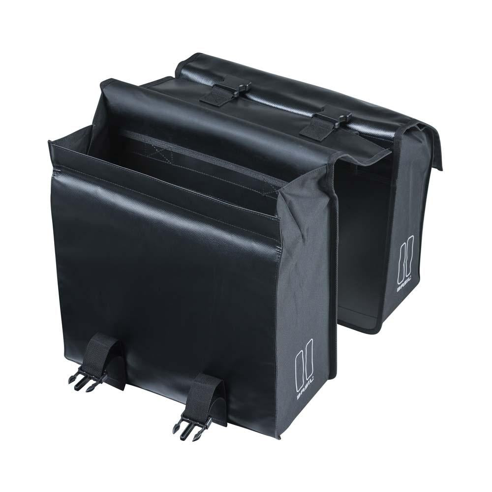 Schwarze wasserdichte Basil Urban Load DB Fahrrad-Doppeltasche, 48-53L, reflektierend, mit Universal Bridge System.