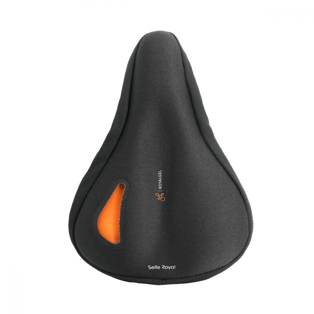 Selle Royal Royalgel Sattelüberzug S Acces S in Schwarz mit sichtbarem orangefarbenem Gelpolster für Komfort.
